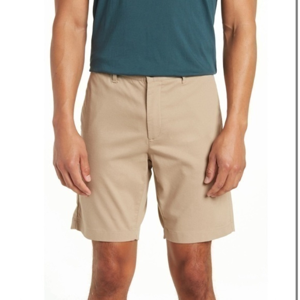 NEW Mens Theory Zaine Shorts Tan Beige Flat Front Shorts Khaki stretch sz 38